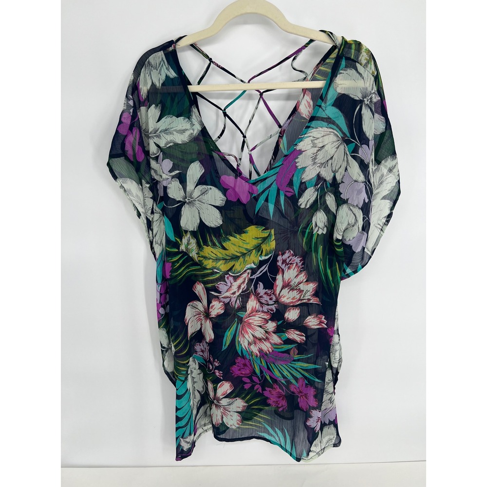 Kona Sol Womens Small Tropical Floral Swim Cover Up Strappy Lattice Back Navy S